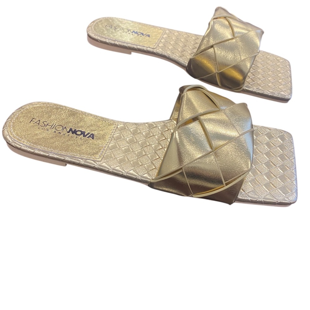 Fashion Nova Gold Metallic Square Toe Flat Sandals